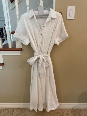 Joie Linen White Button-Front Tie-Waist Midi Dress